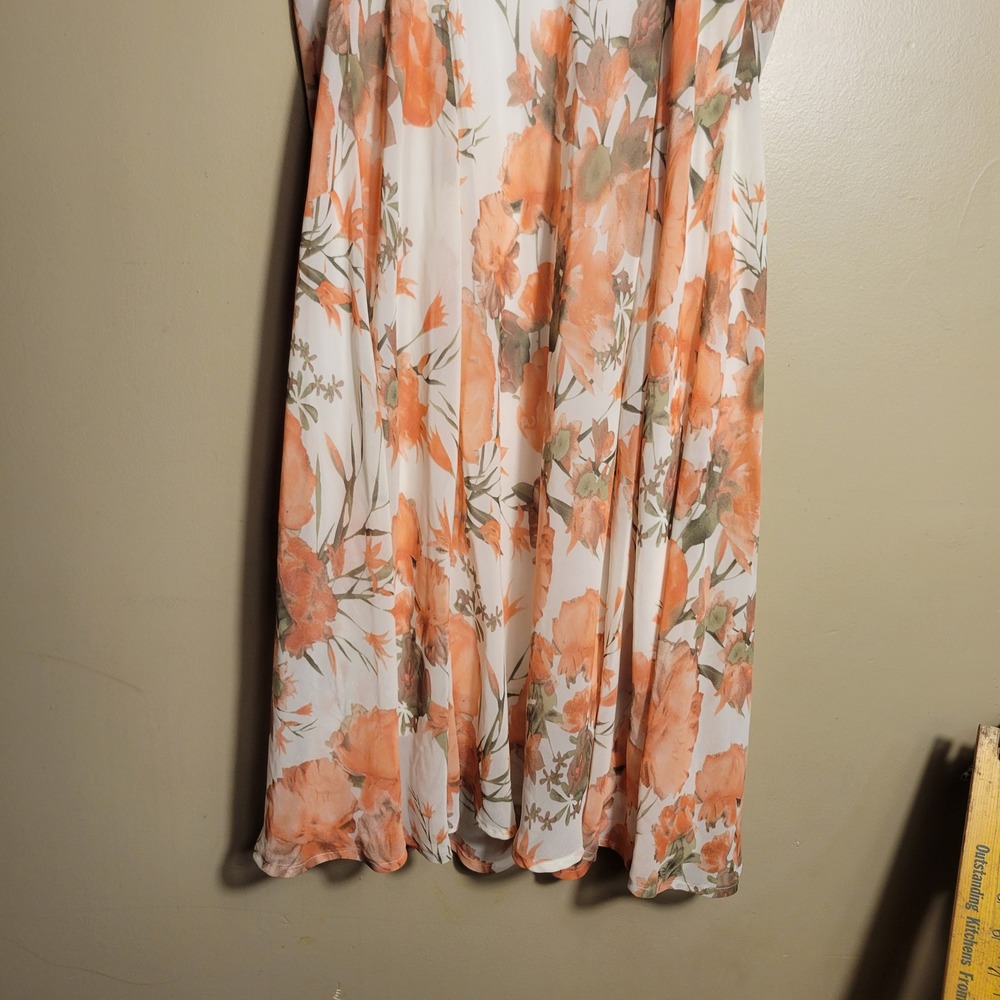 Dressbarn Orange Floral Sweetheart Midi Dress Womens 14 White Sleeveless Chiffon - Picture 12 of 12